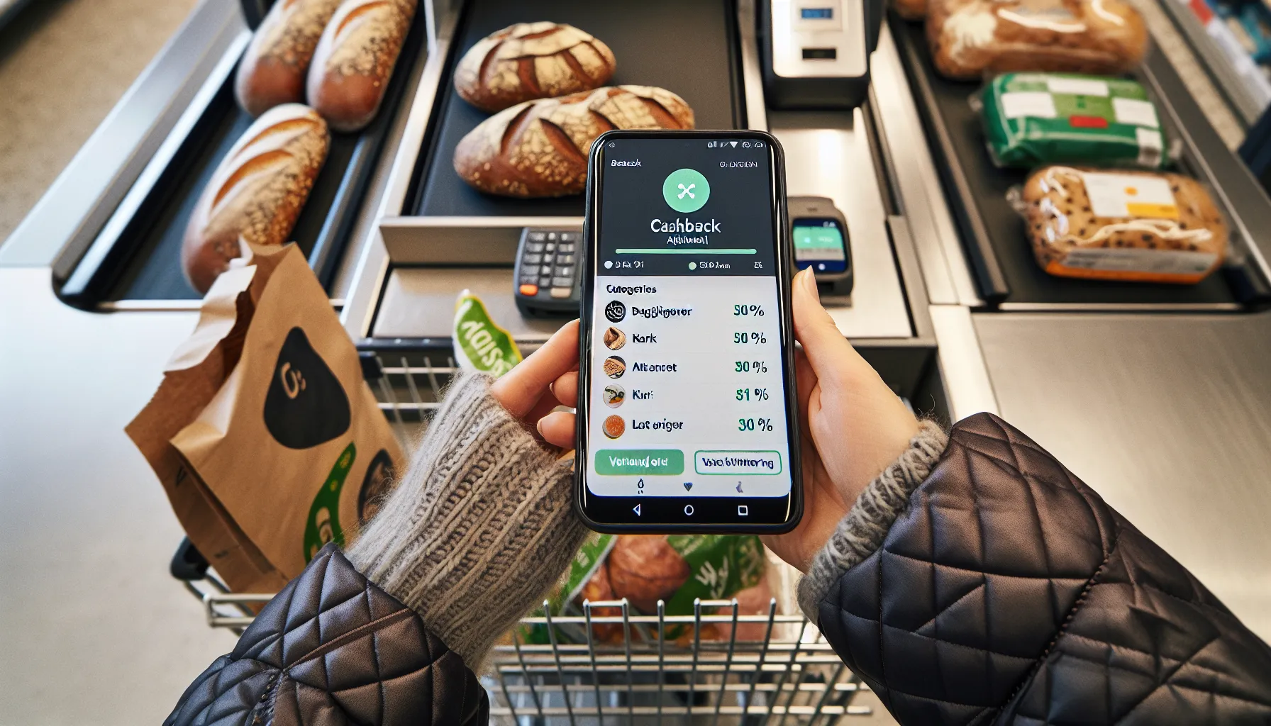 Norwegian shopper activates cashback on phone while paying for groceries.