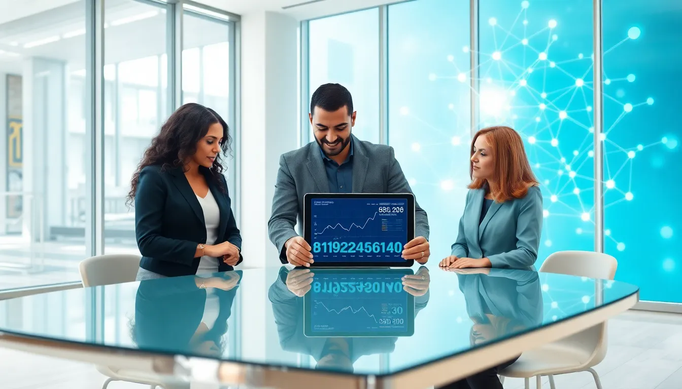 diverse professionals collaborating over technology in a modern office.