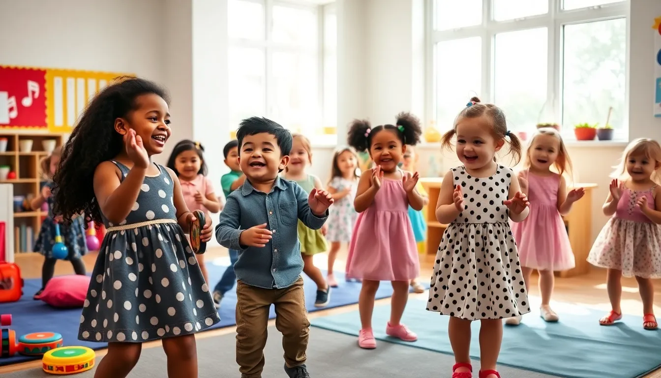 diverse preschoolers joyfully participating in music and movement activities.