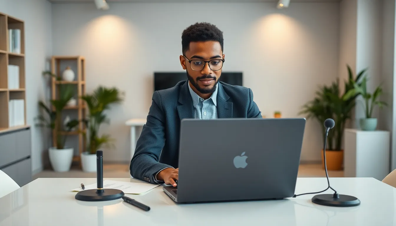 diverse influencer working at a modern desk with a laptop.