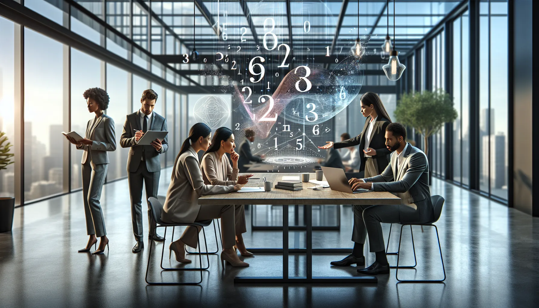 diverse team discussing the significance of a number in a modern office.