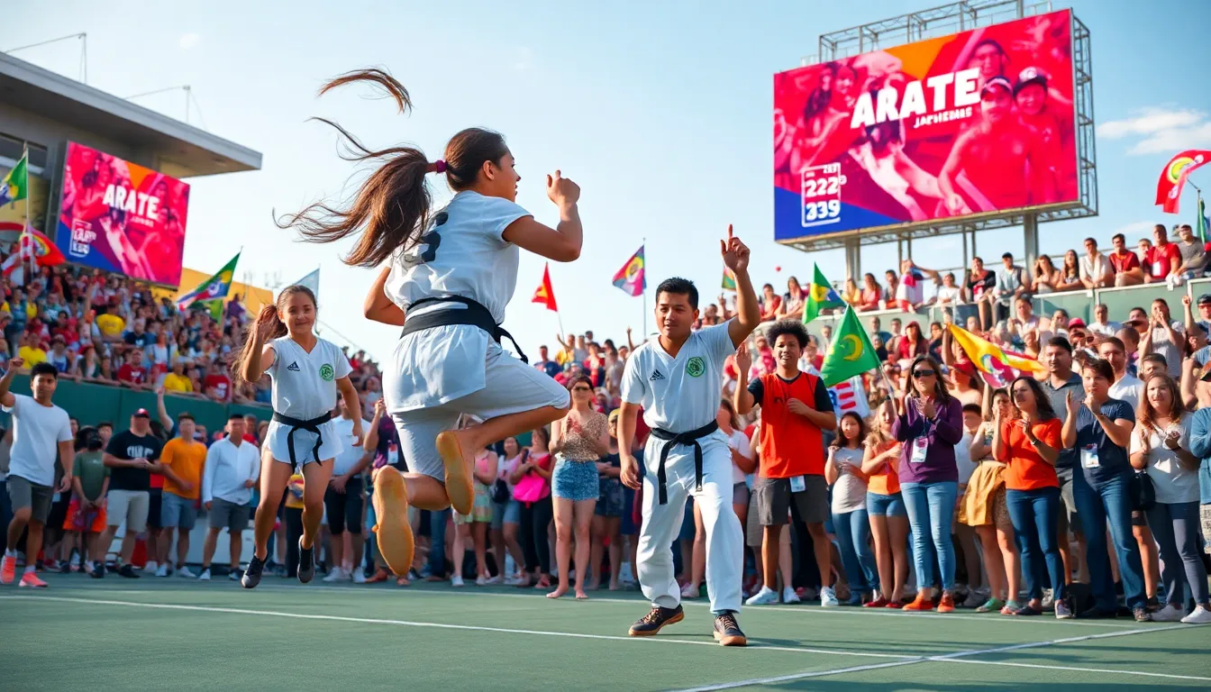 diverse athletes competing in an outdoor sports competition arena.