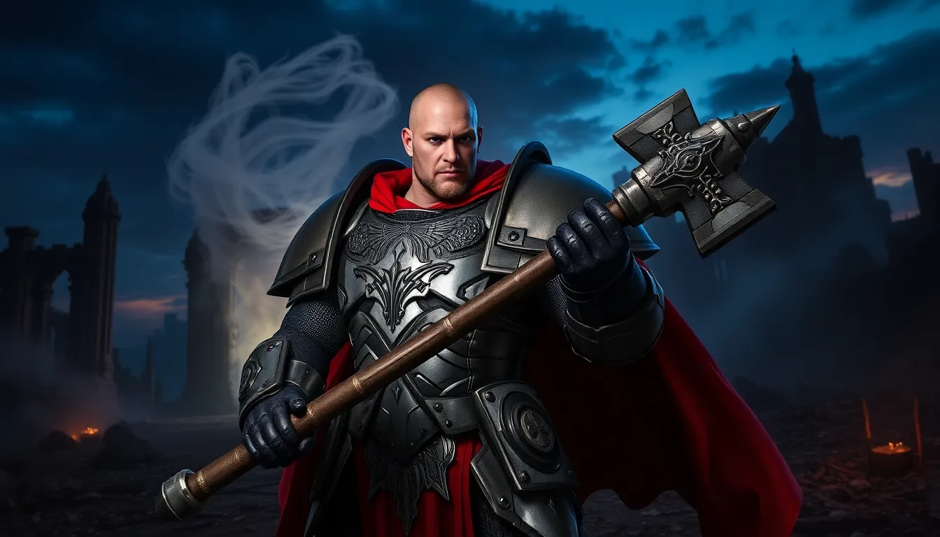 A Daemonhunter in power armor ready for battle against daemons.