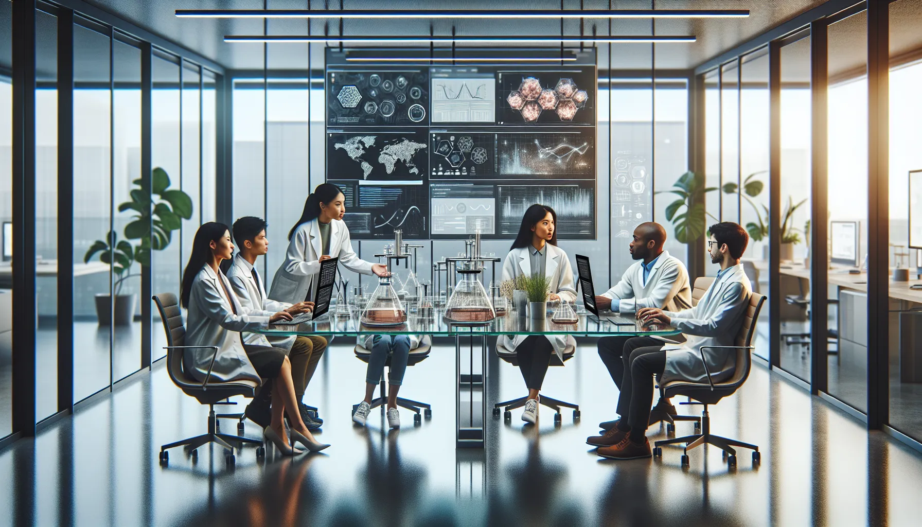 diverse researchers collaborating in a modern lab environment.