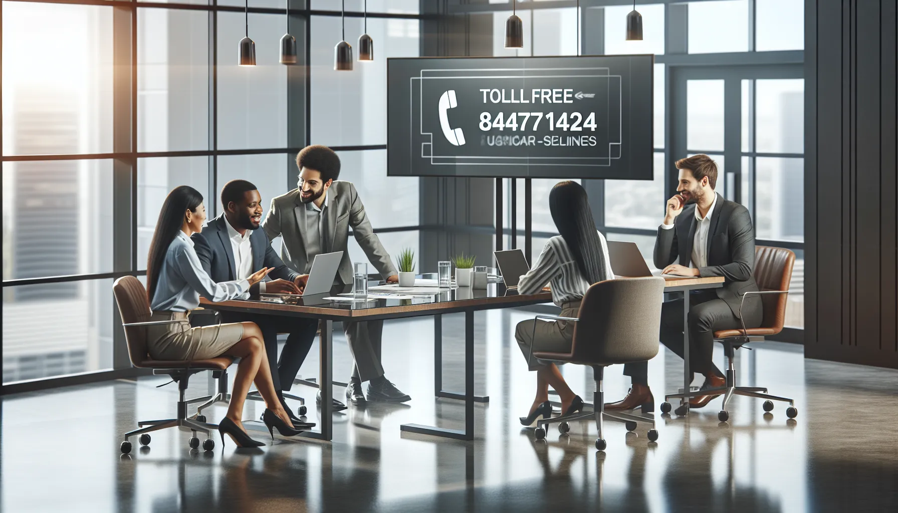 diverse professionals discussing a toll-free number in a modern office.