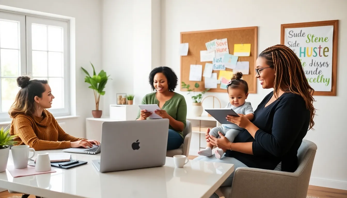 moms collaborating on side hustle ideas in a bright office.