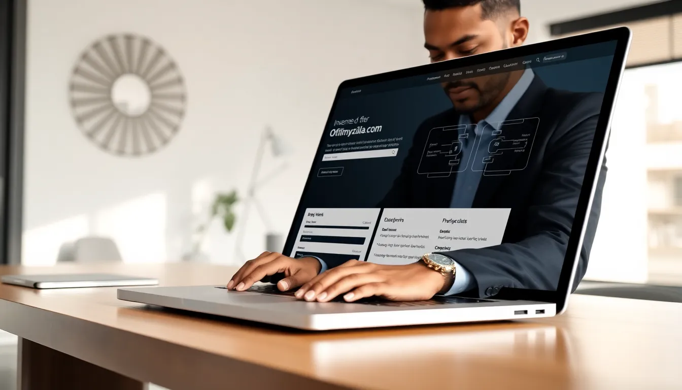 professional using Ofillmyzilla.com on a laptop in a bright office.