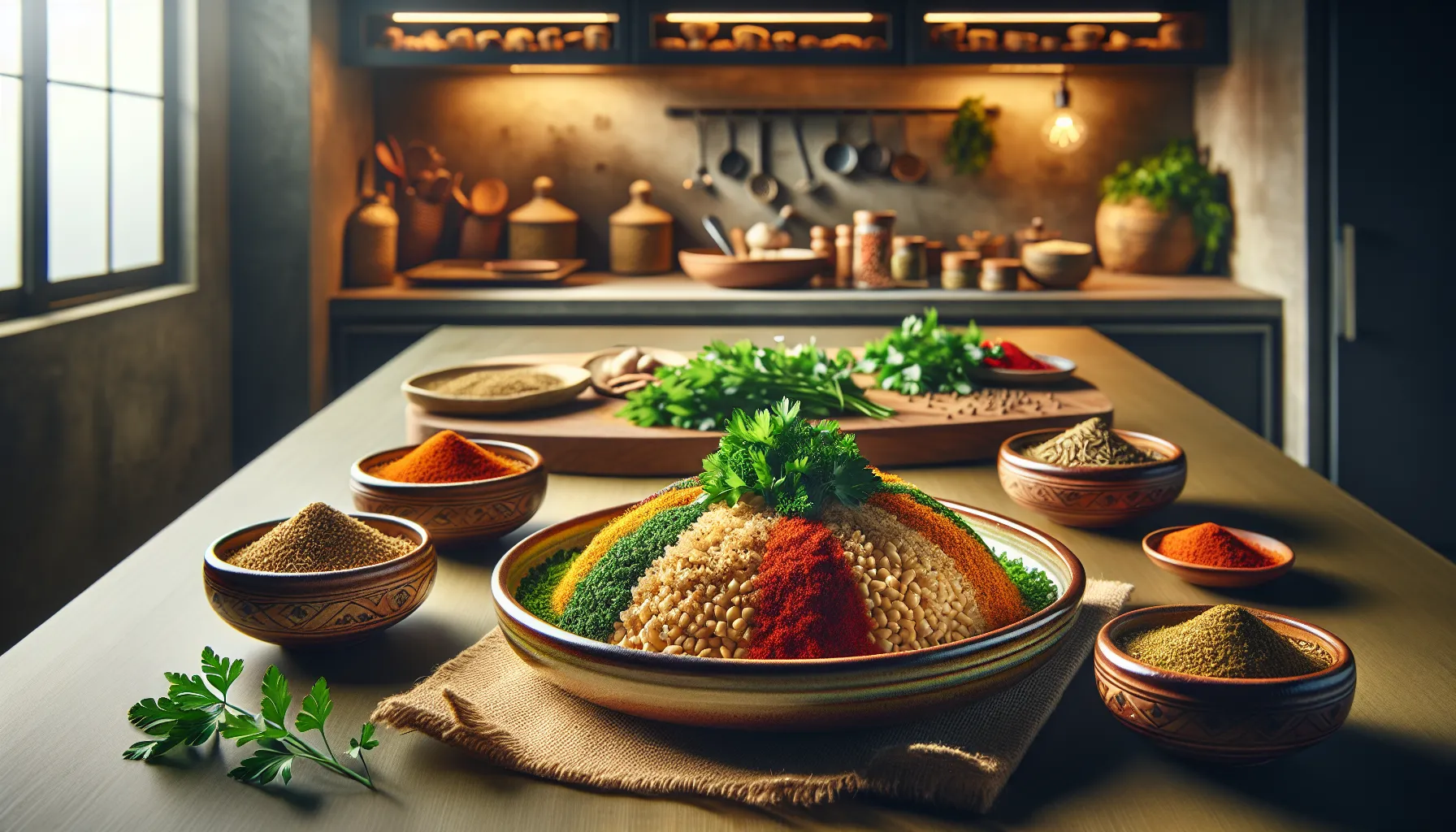 A plate of doumneh garnished with spices and herbs.