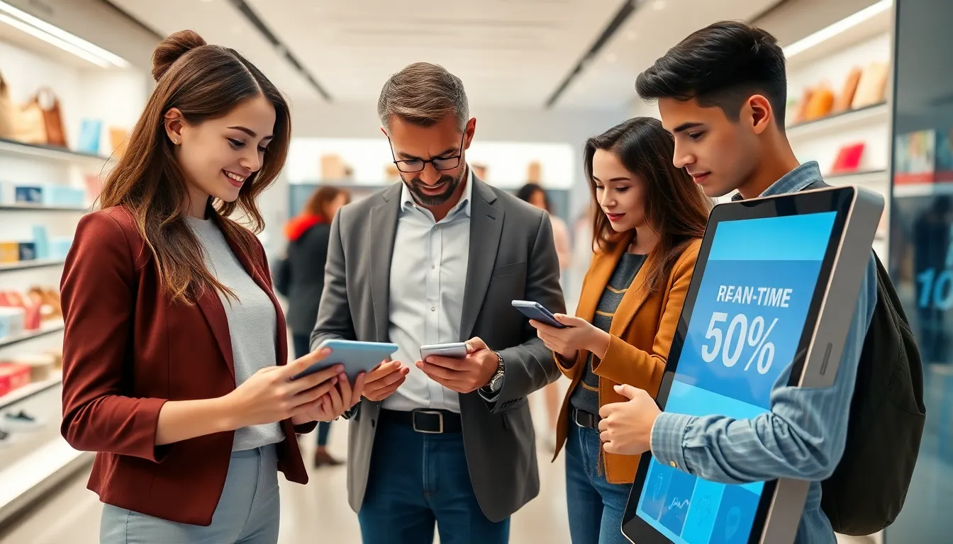 diverse shoppers using technology for smart shopping in a modern retail setting.
