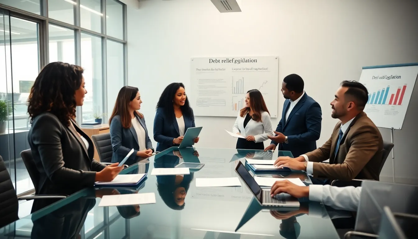diverse professionals discussing debt relief policies in a modern office.