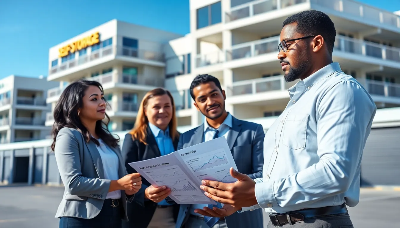 professionals discussing self-storage investment strategies outside a modern facility.