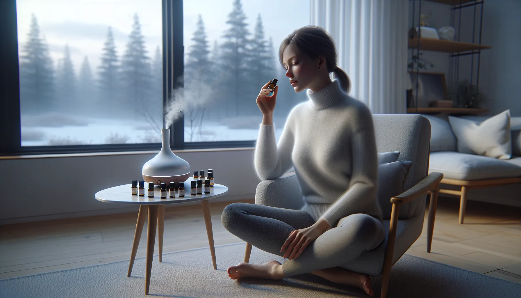 Woman in a cozy norwegian living room inhaling essential oil to reduce stress.