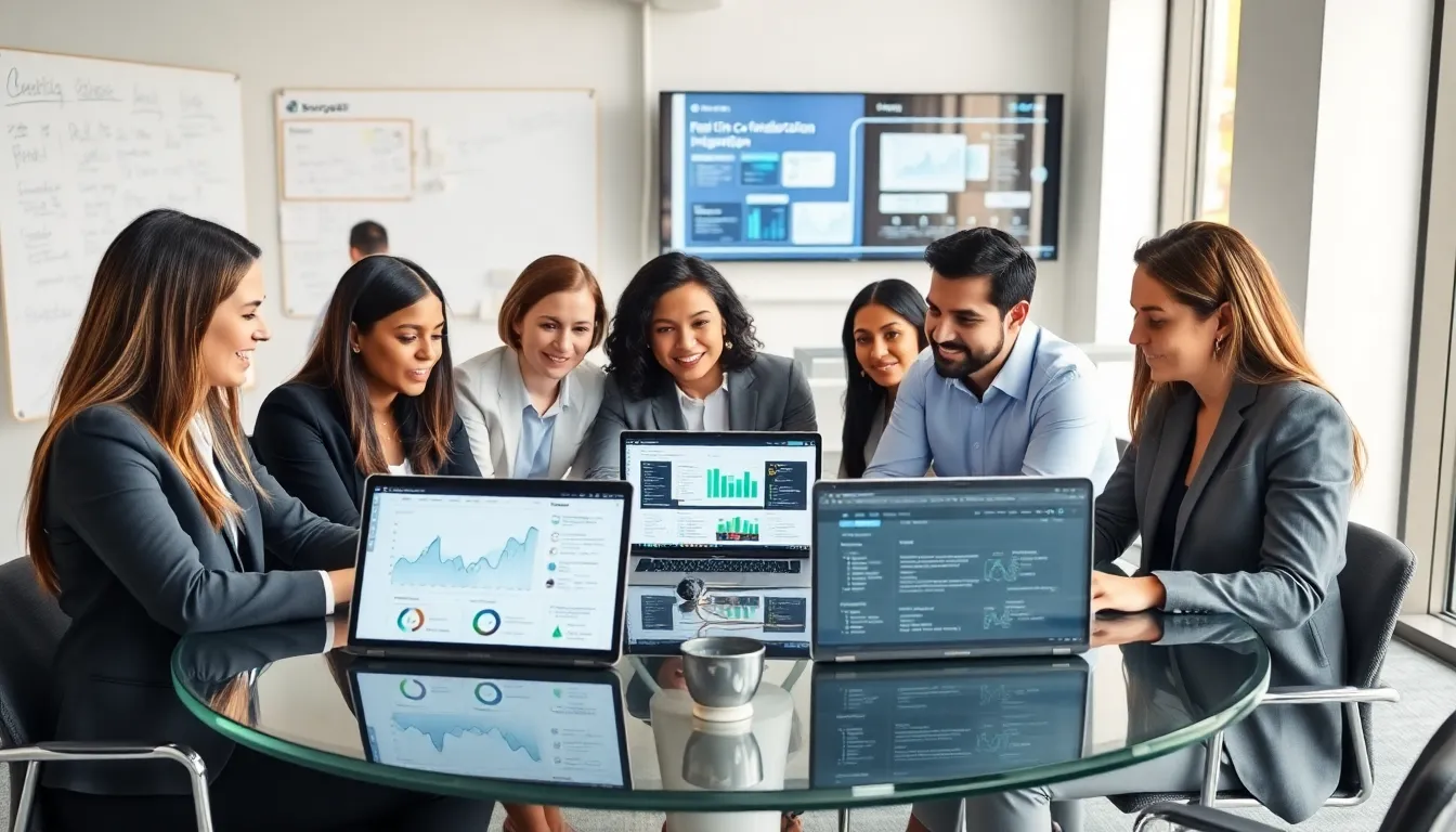 diverse team collaborating in a modern tech office.