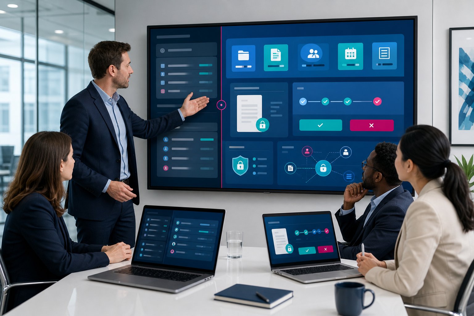 Professionals reviewing a secure portal dashboard in a modern office.