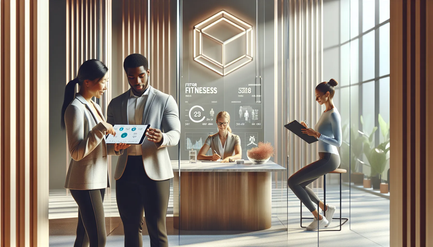 diverse group discussing health and fitness in a modern office.