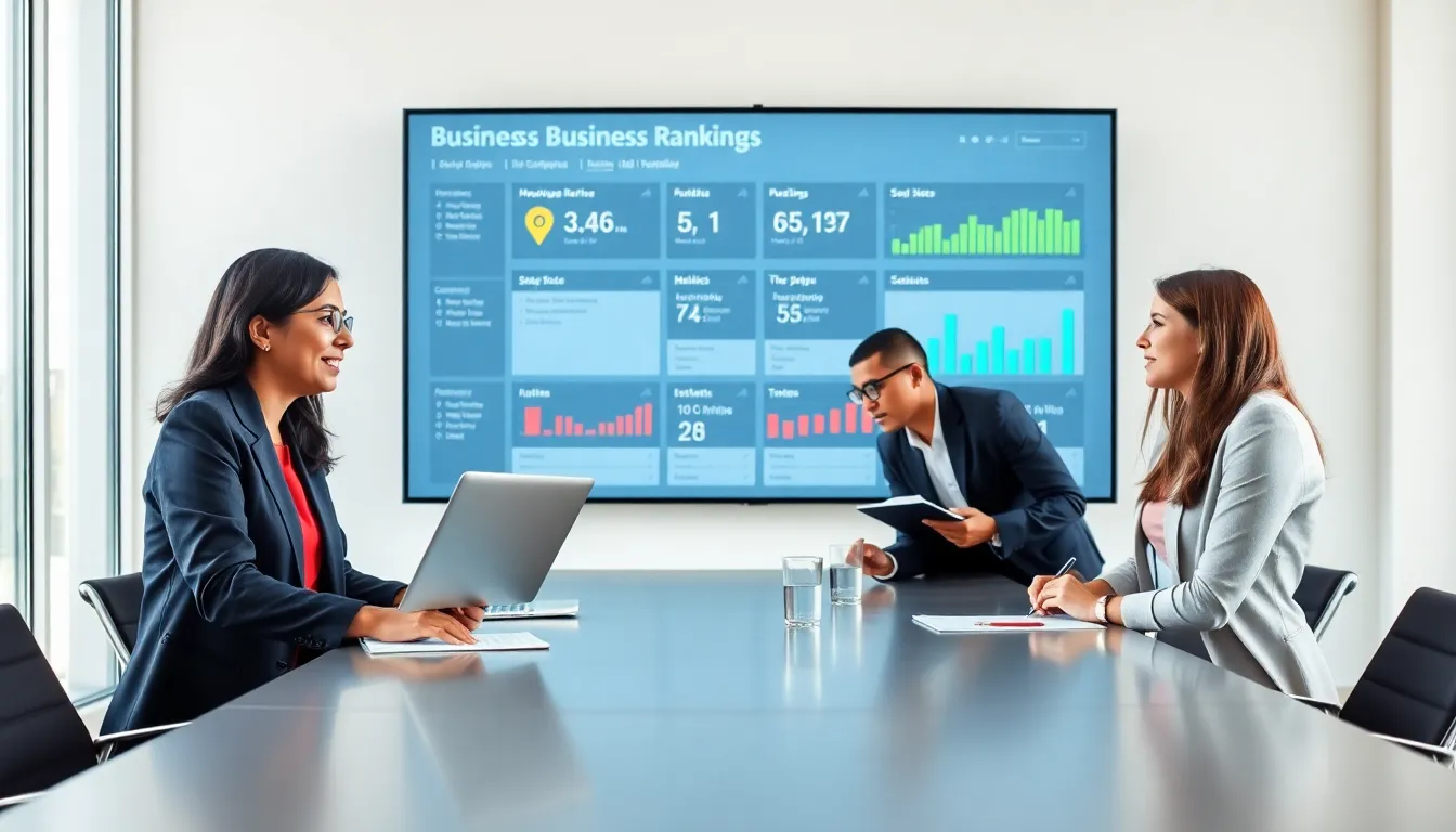diverse professionals discussing business rankings in a modern office.