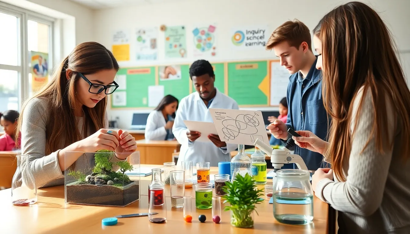 diverse students collaborating on an integrated science project in a classroom.