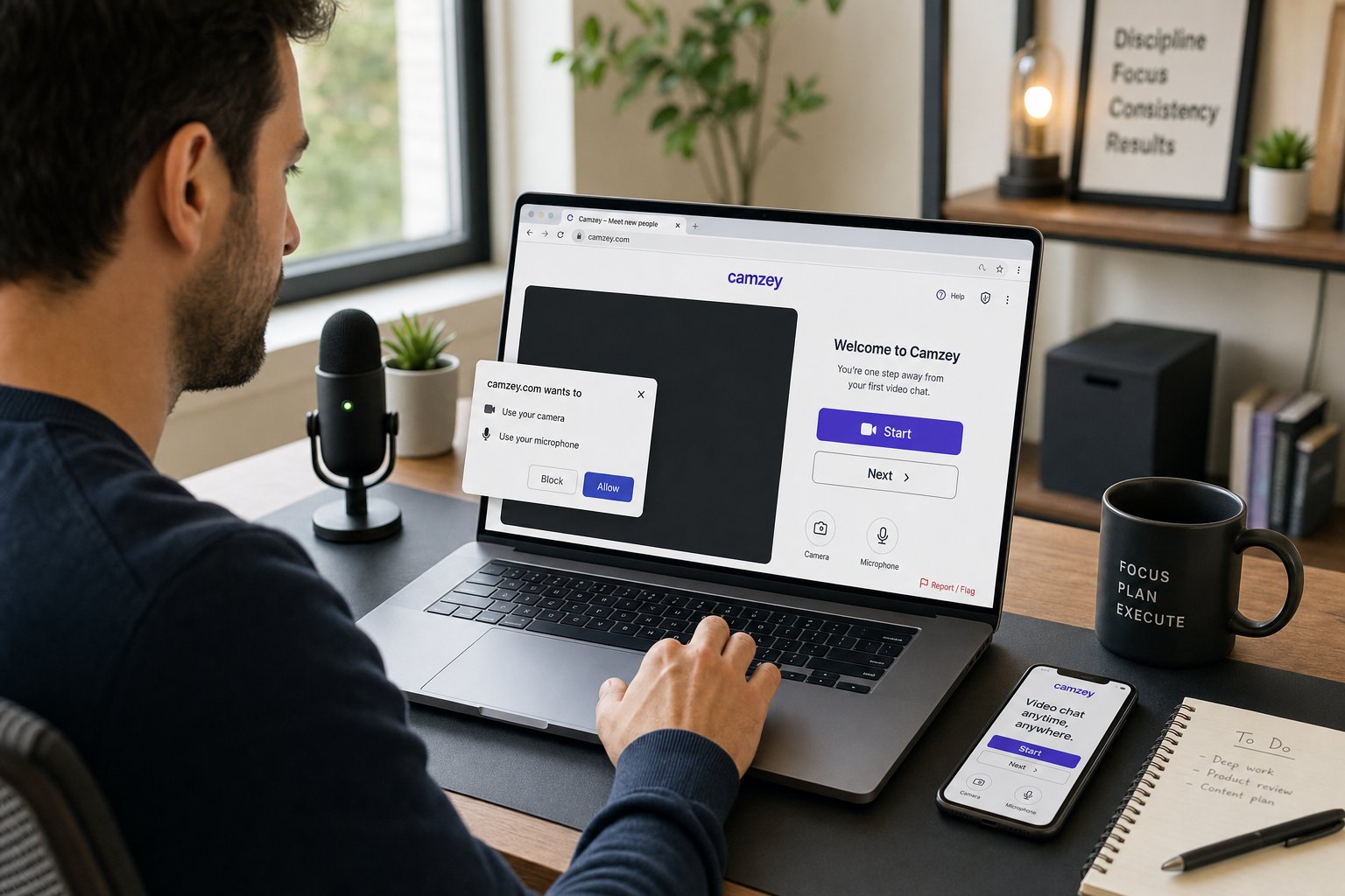 Professional user enabling camera and mic permissions on a minimal video chat site.