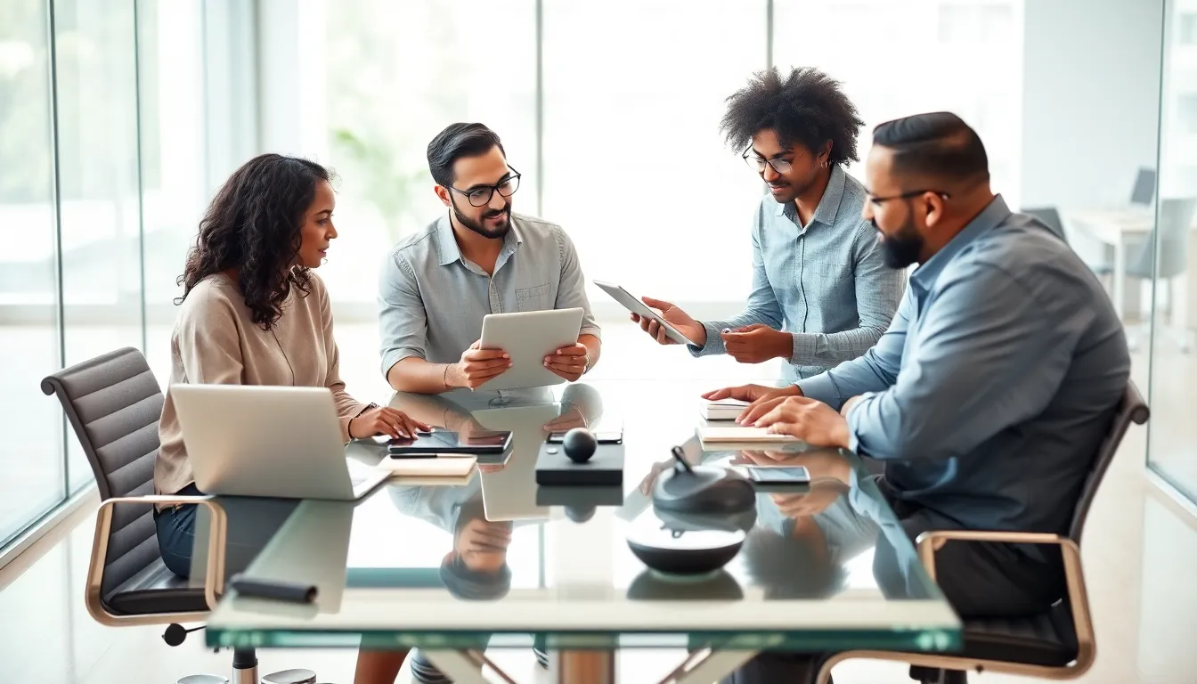 diverse professionals collaborating in a bright, modern office for remote work solutions.