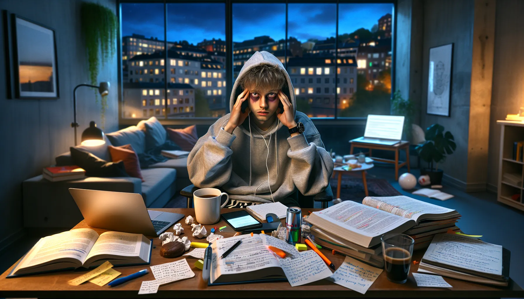 Tired norwegian student studying late at night at a cluttered exam desk.