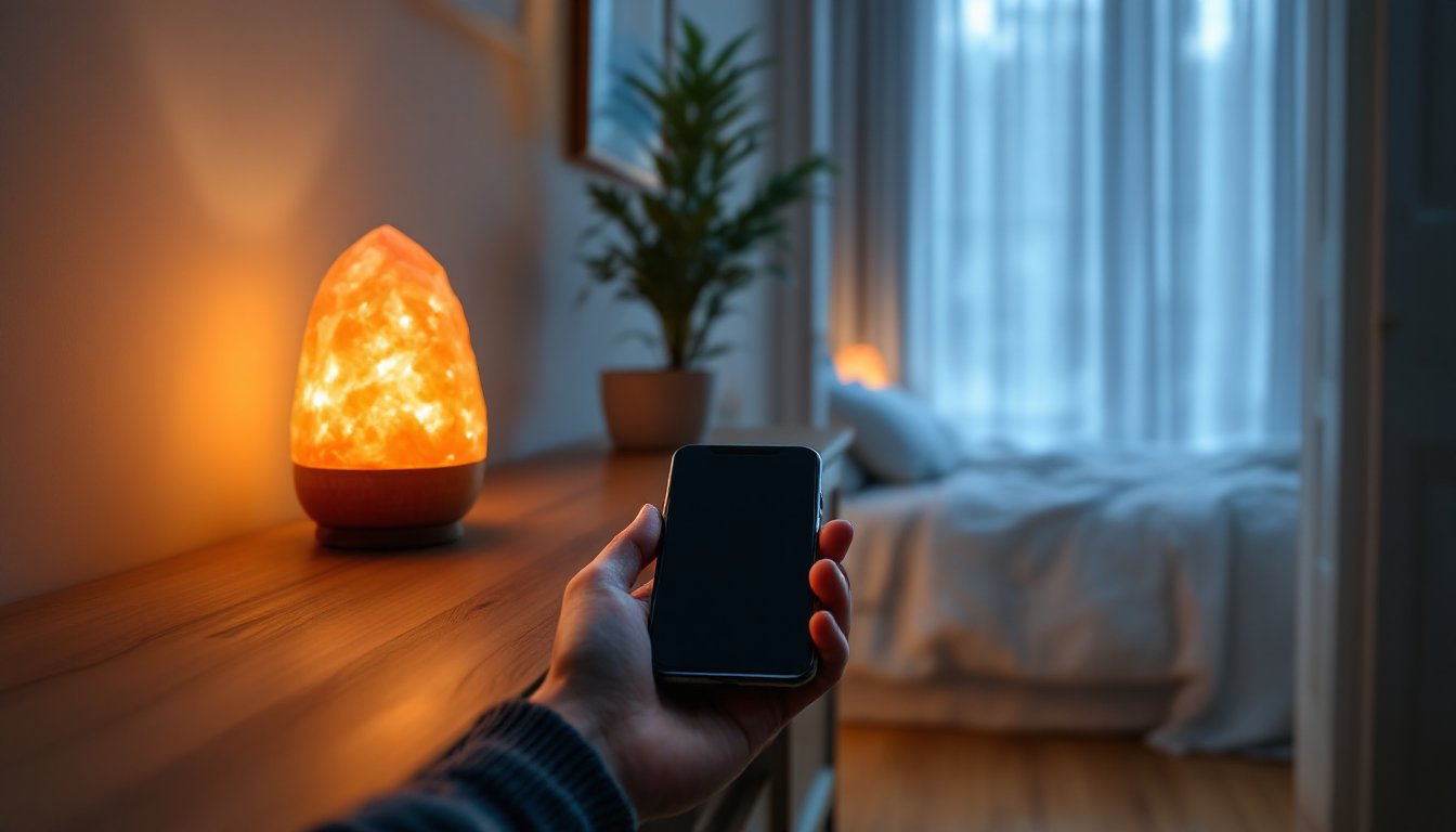 A hand placing a phone face-down on a hallway table before bedtime.