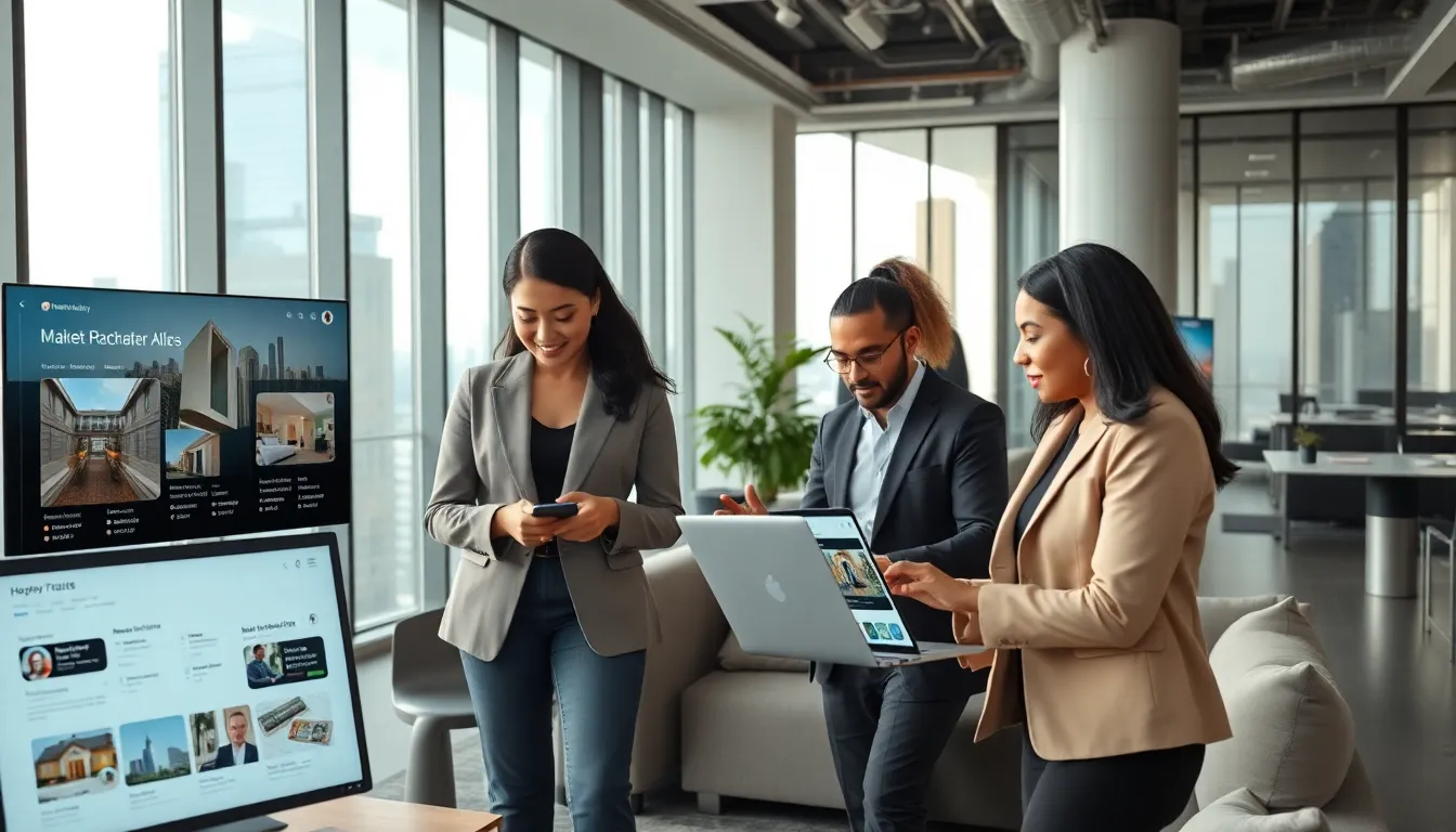 A diverse team working in a modern real estate office with technology displays.