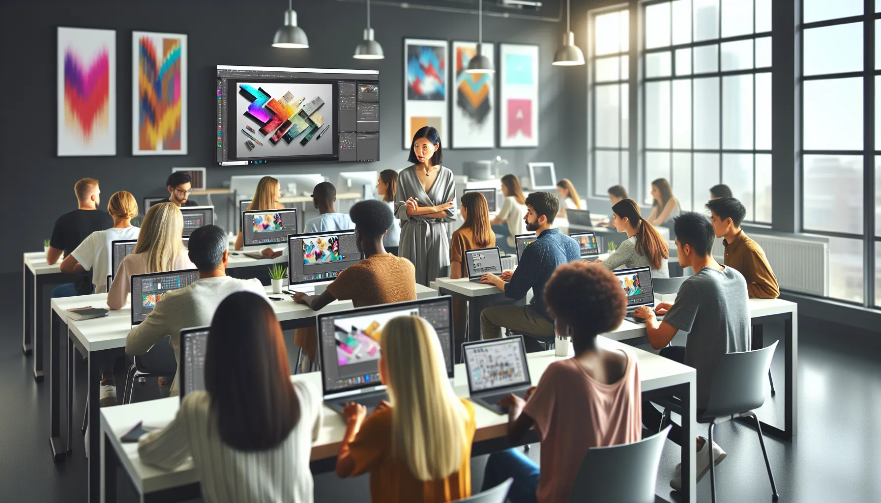 diverse learners participating in a Photoshop course in a modern classroom.