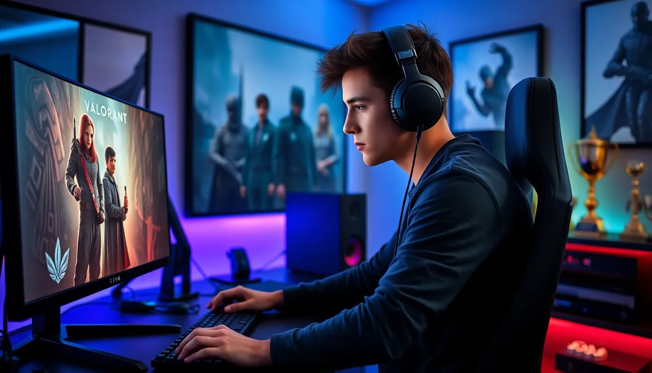 gamer focused on a Valorant match in a modern gaming setup.