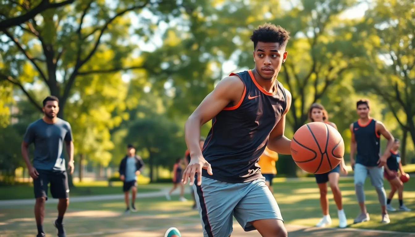 a young athlete practicing basketball in a lively urban park.