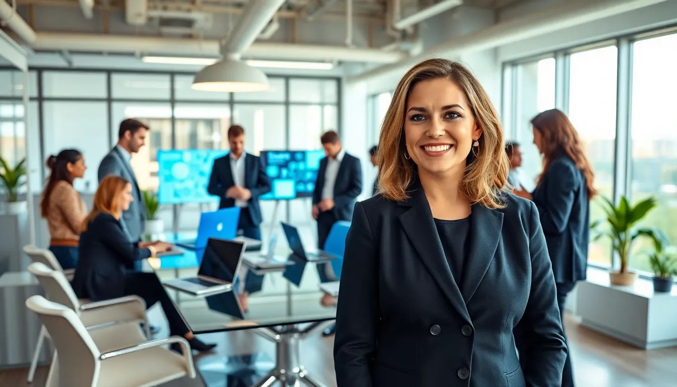 Stacy Klinger leading a team in a modern office.