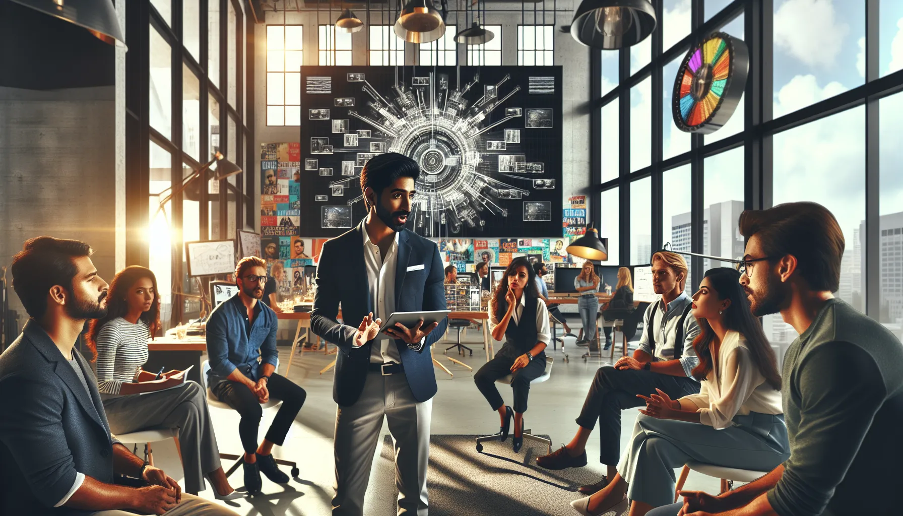 diverse team discussing Telugu film industry in a modern office.