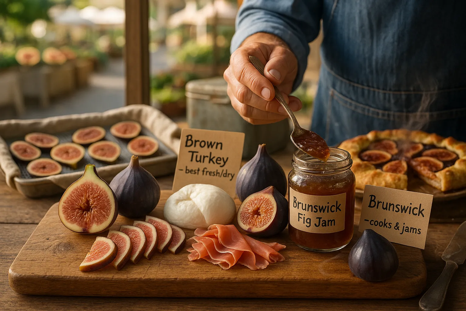 Cheese board with Brown Turkey slices, Brunswick figs, jam, and drying tray.