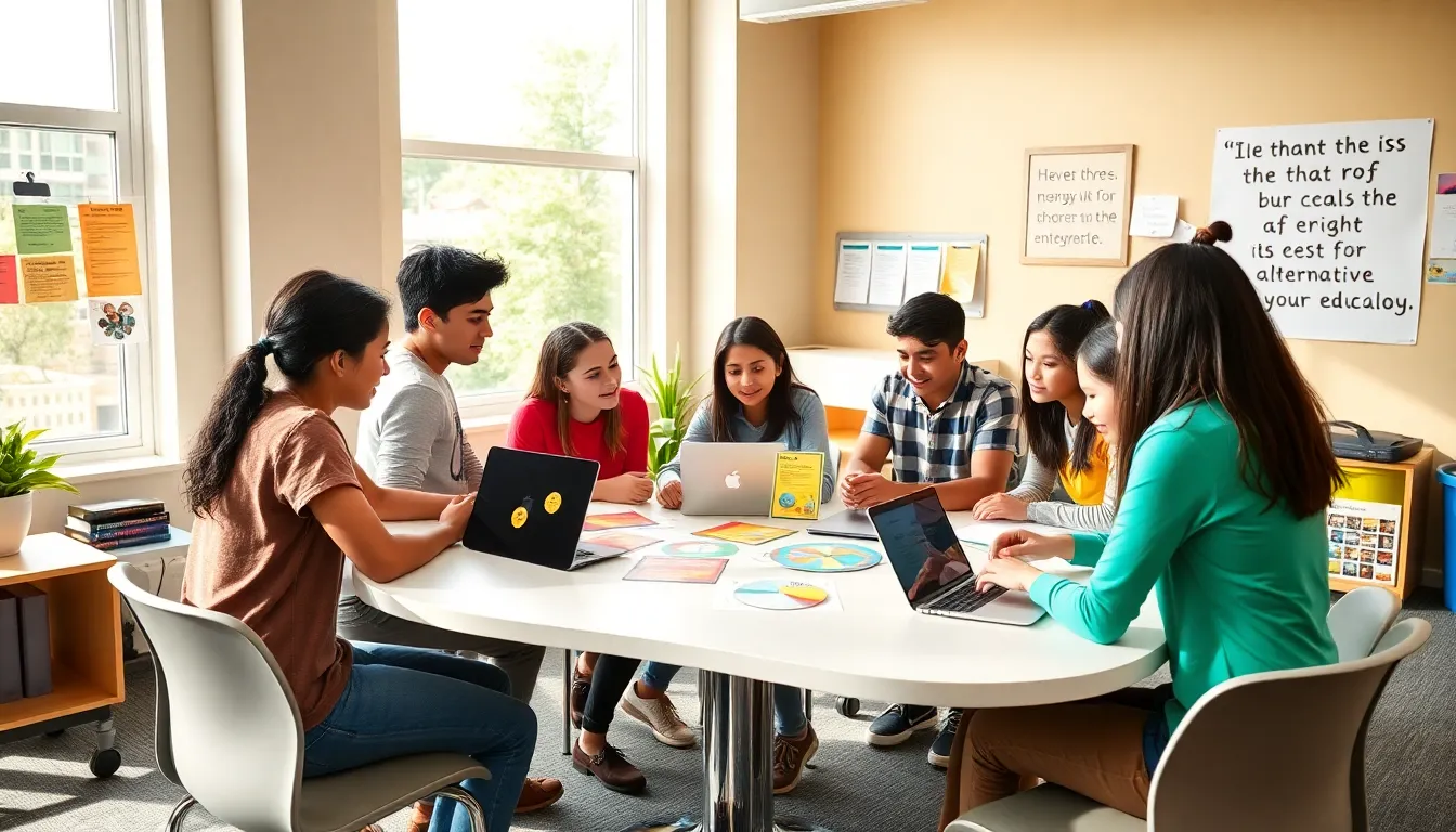 students collaborating in a modern, alternative education classroom.