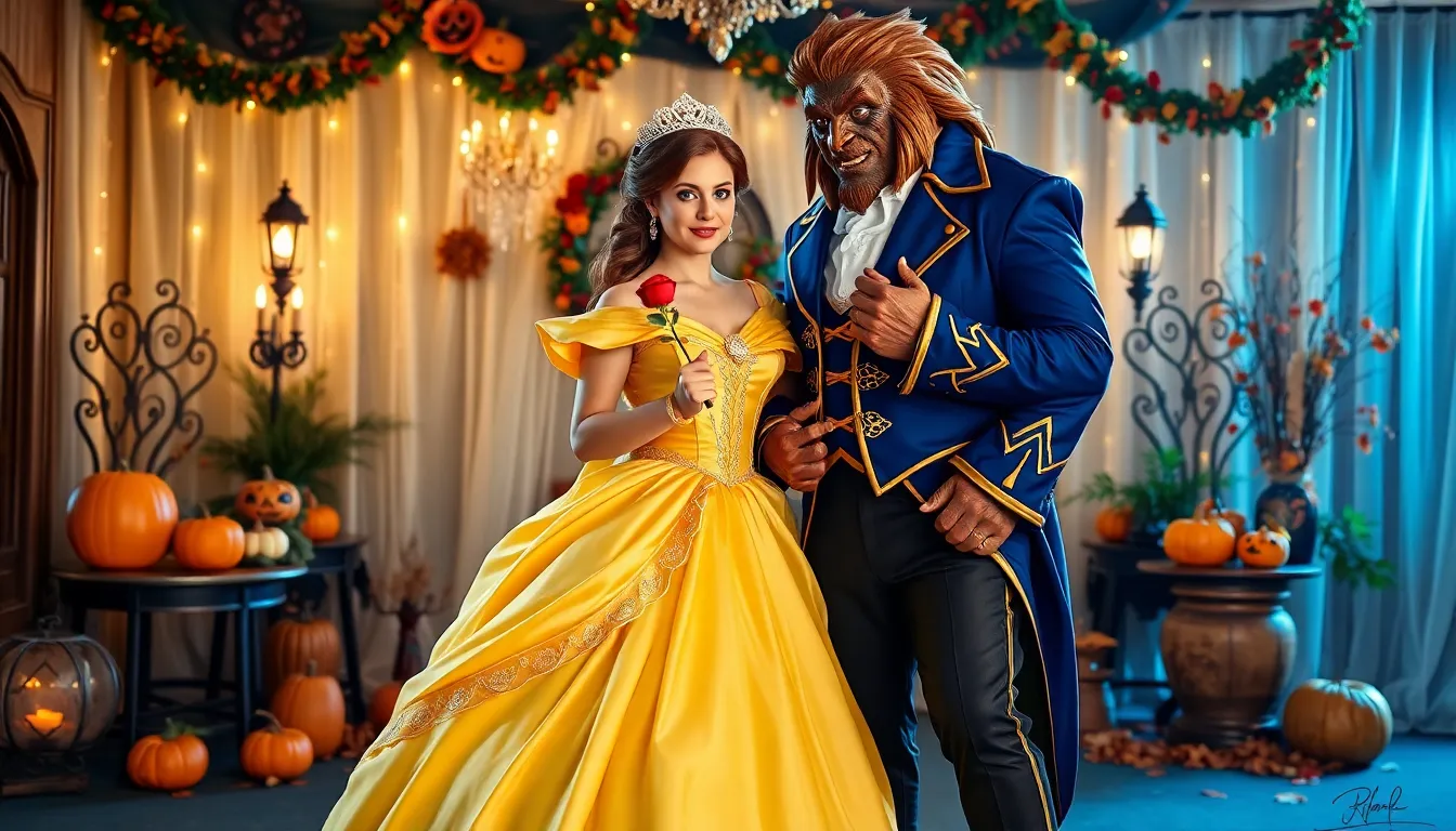 Couple dressed as Belle and the Beast for Halloween in a festive setting.