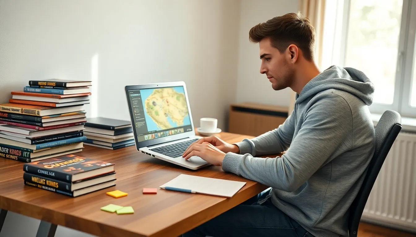 a young man creating gaming guides in a modern home office.