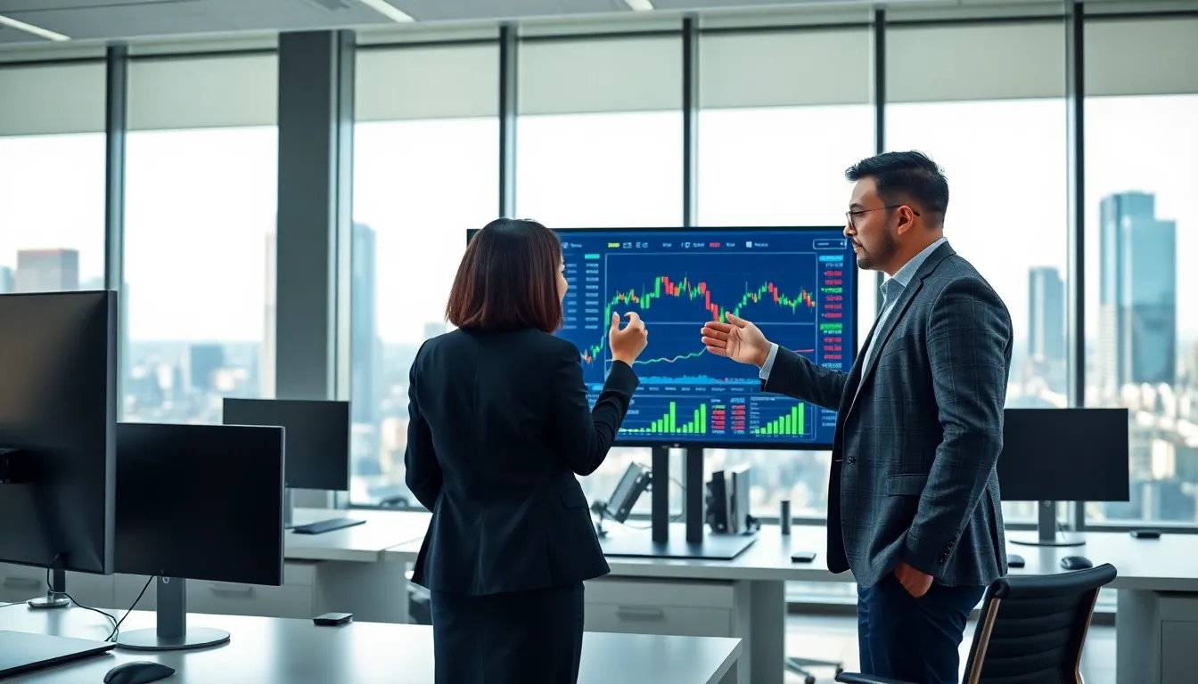 diverse professionals discussing stock trading in a modern office.
