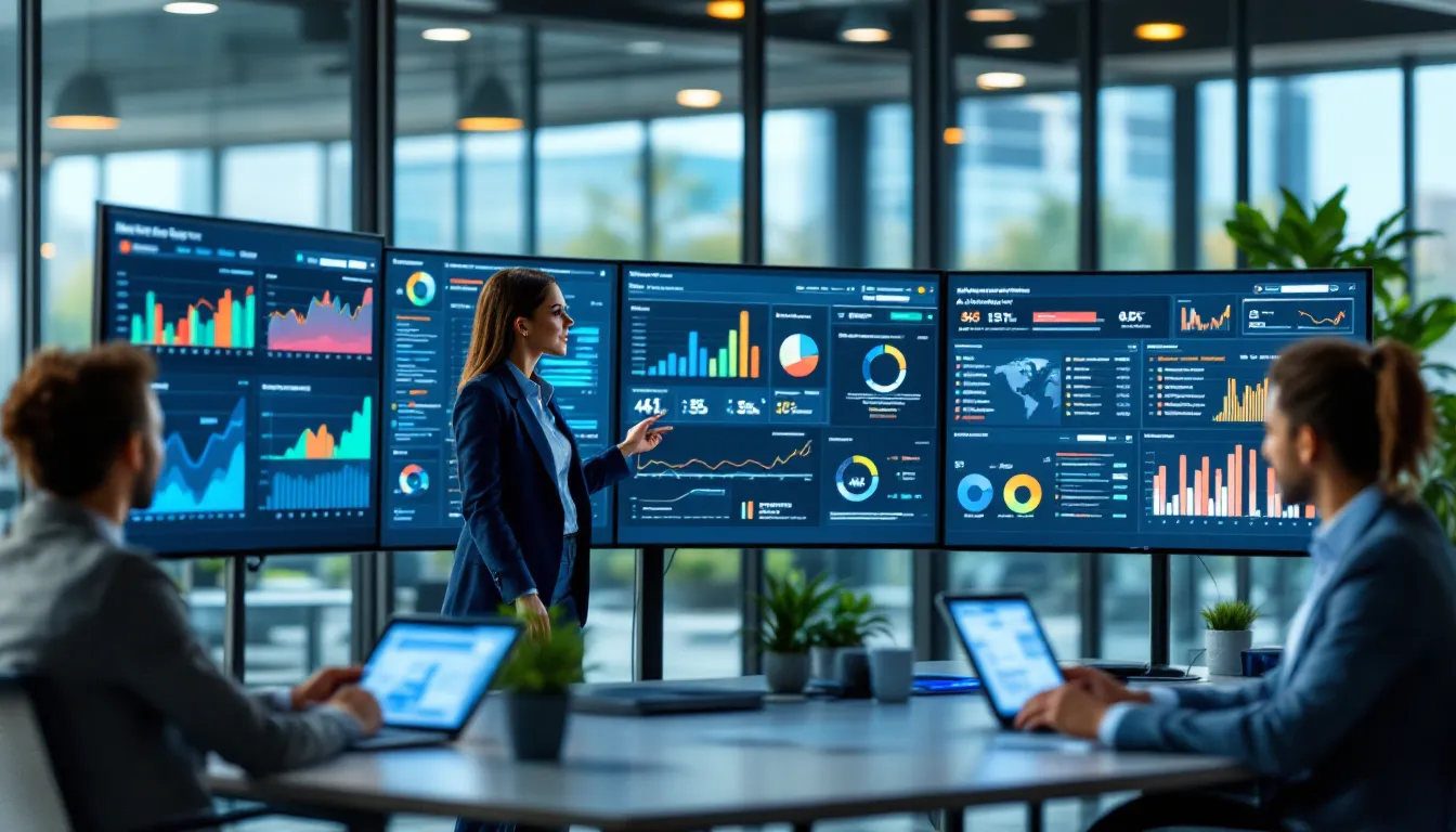 Marketing team analyzing real-time AI campaign optimization dashboards in modern office.