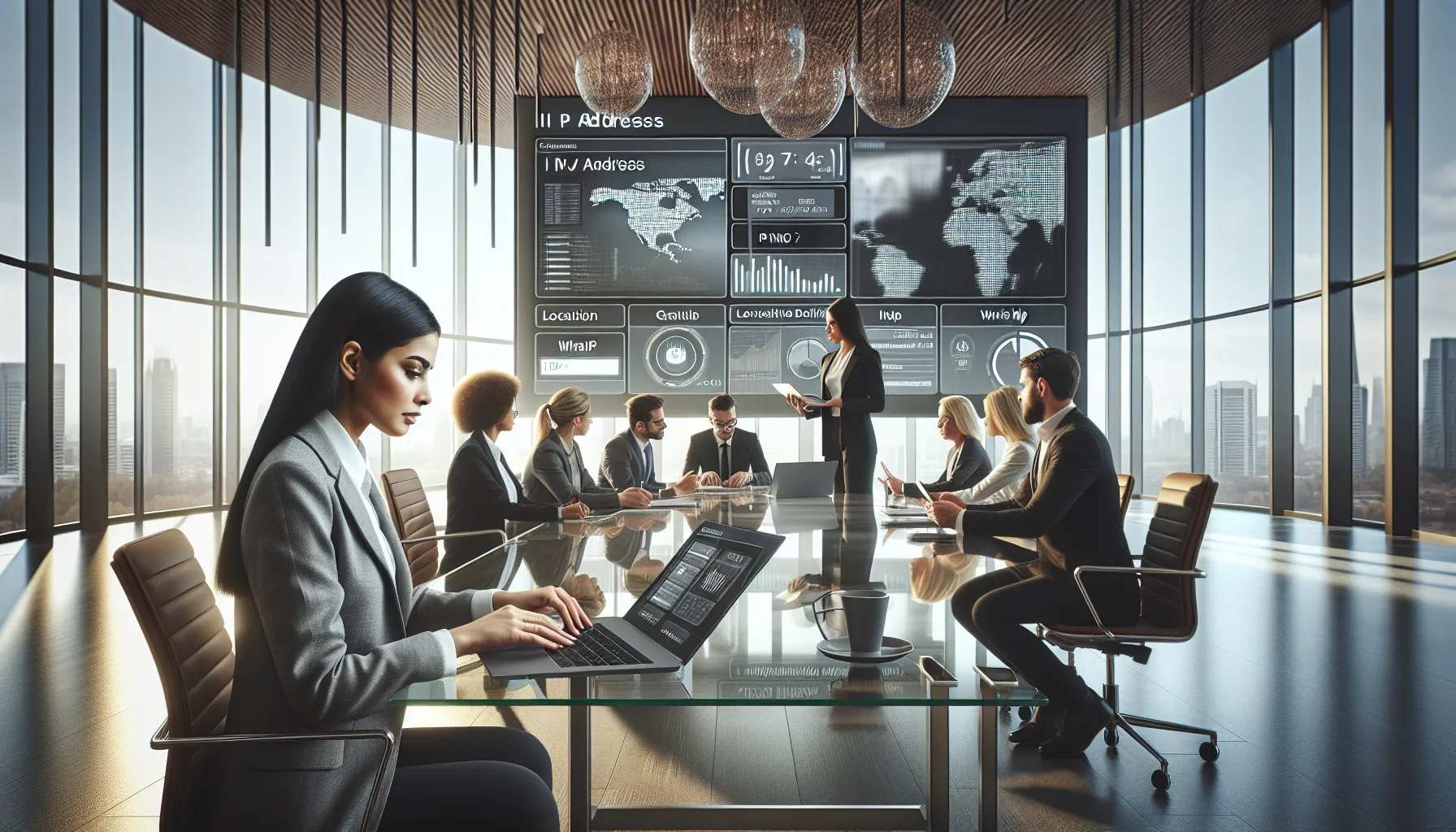 diverse team analyzing IP address data in a modern office.