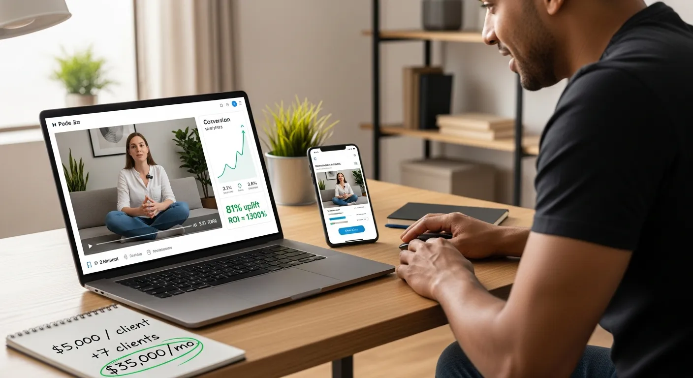 Entrepreneur reviews video testimonial analytics showing higher conversions and impressive ROI on laptop.