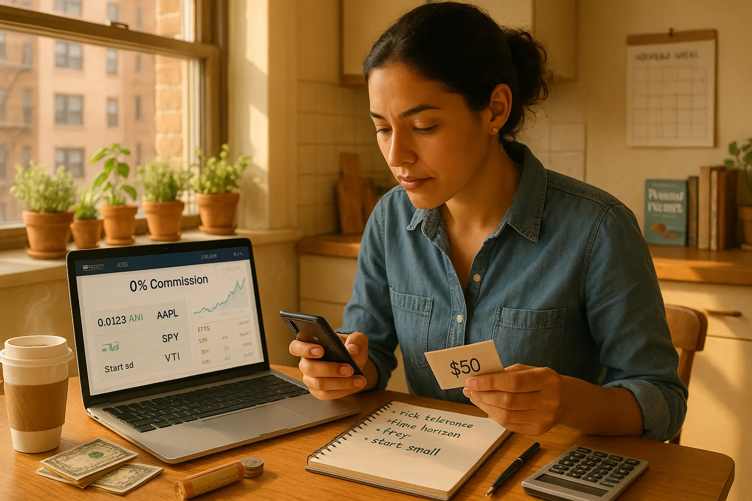 Young woman using a trading app with $50 envelope and checklist on table.