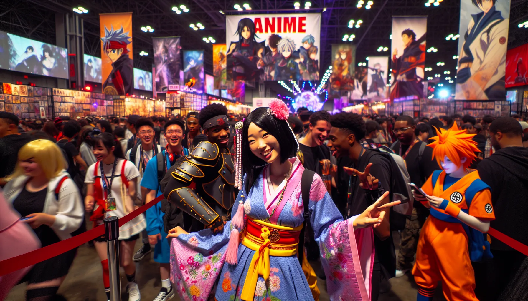 a diverse group of fans at an anime convention in the United States.