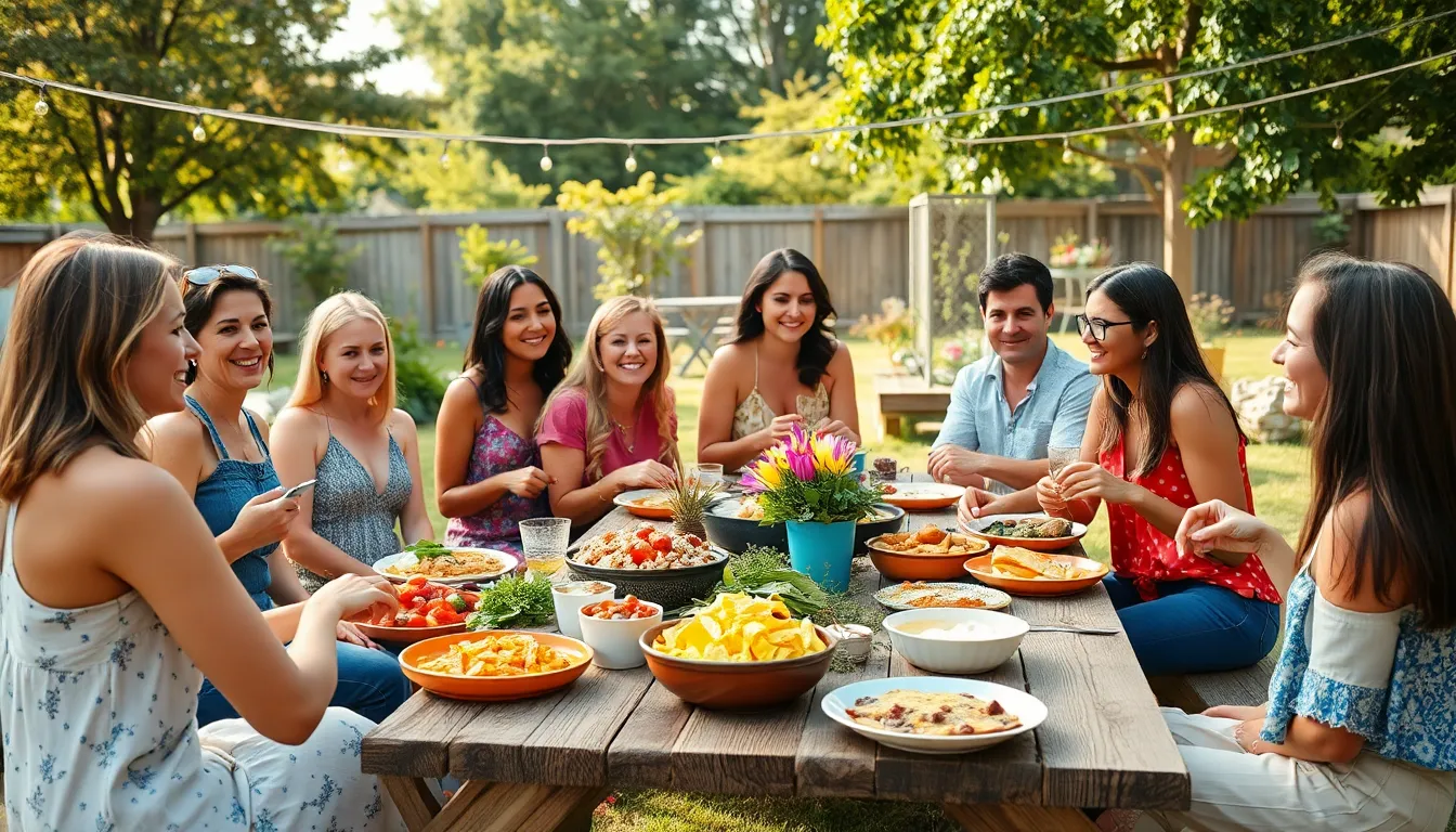 diverse group enjoying a potluck picnic in a backyard setting.