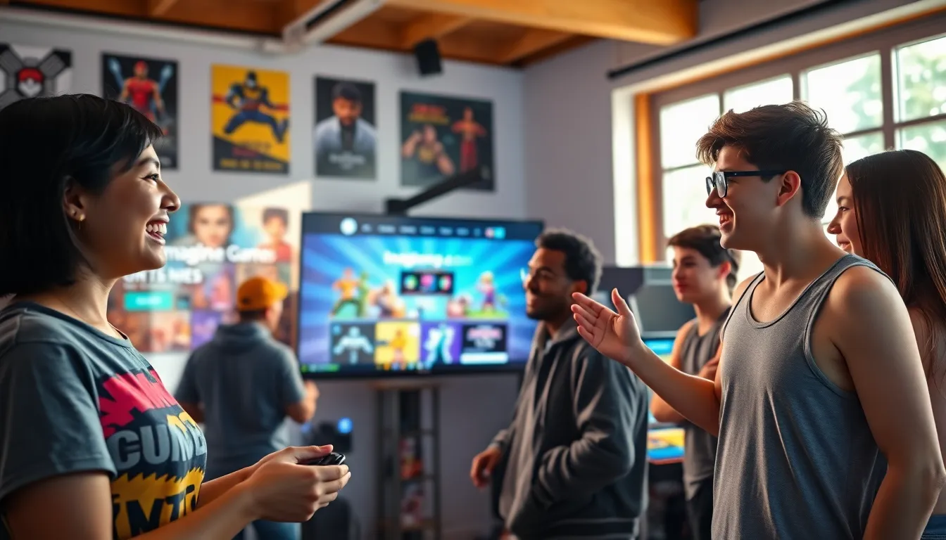 a diverse group of friends playing games together on a large screen.