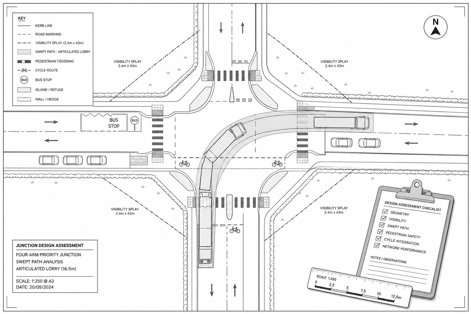 Line drawing of a junction plan with lorry turning path and crossings.