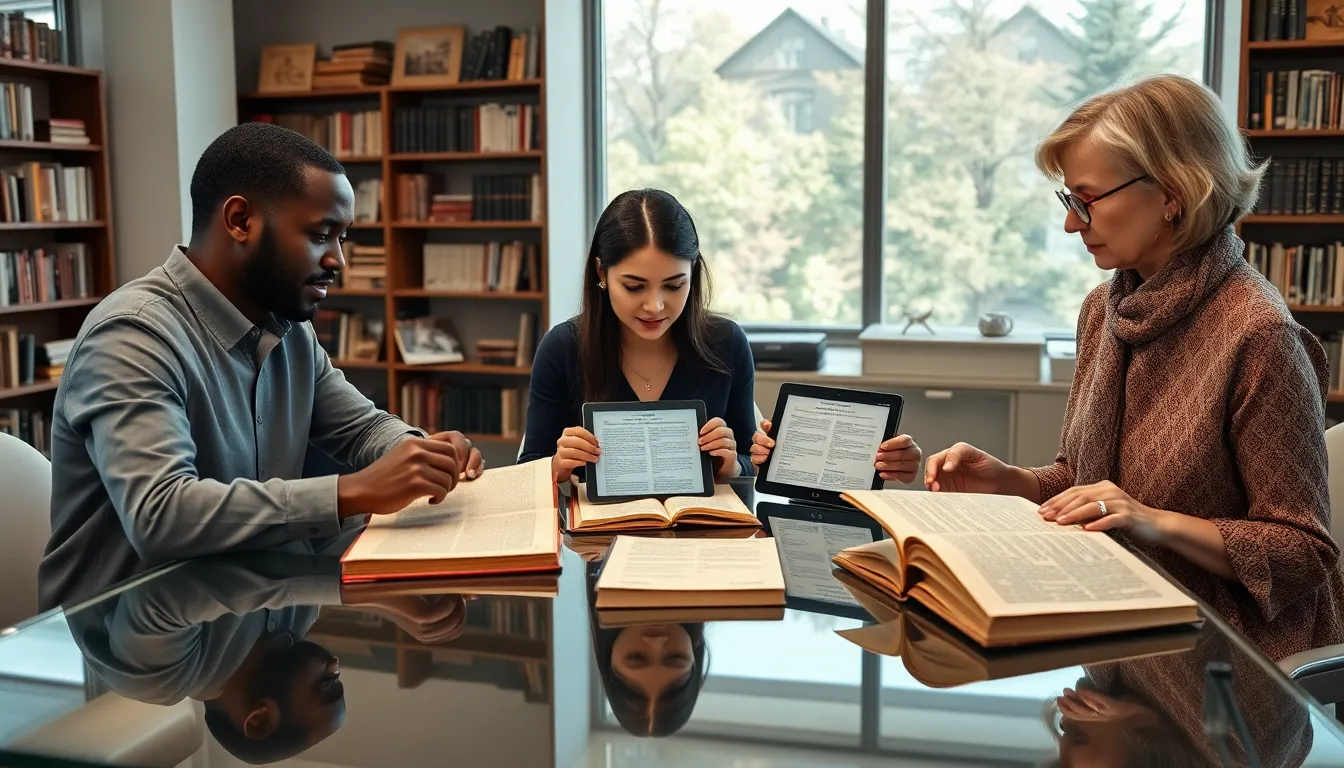 diverse team discussing historical documents in a modern office.