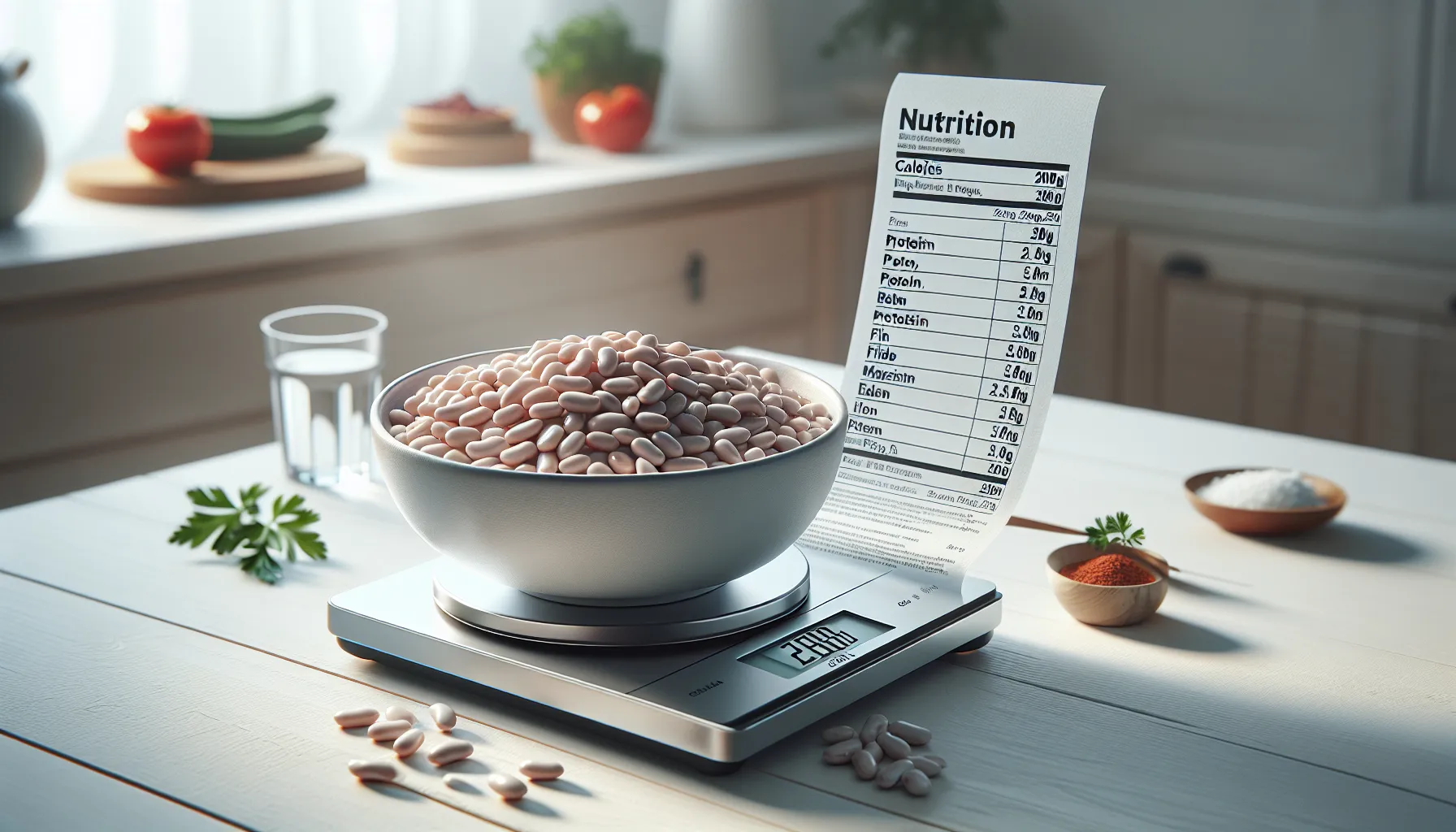 A bowl of cooked beans on a digital scale with nutrition values.