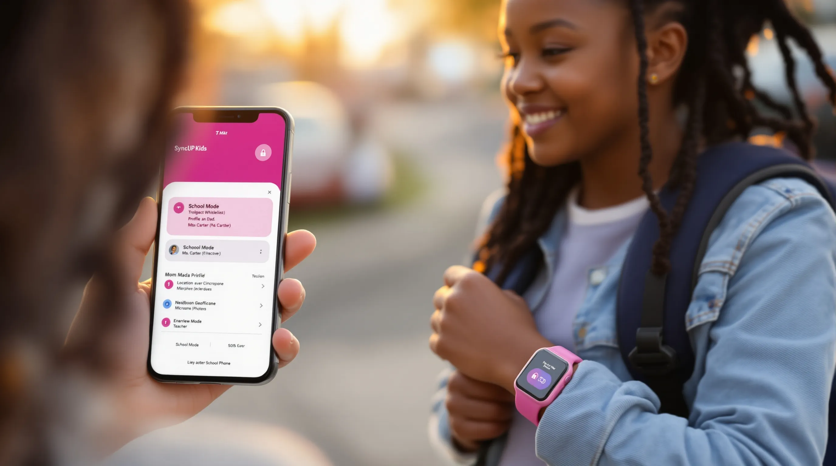 Parent configures T-Mobile kid watch app at school pickup while child waits.