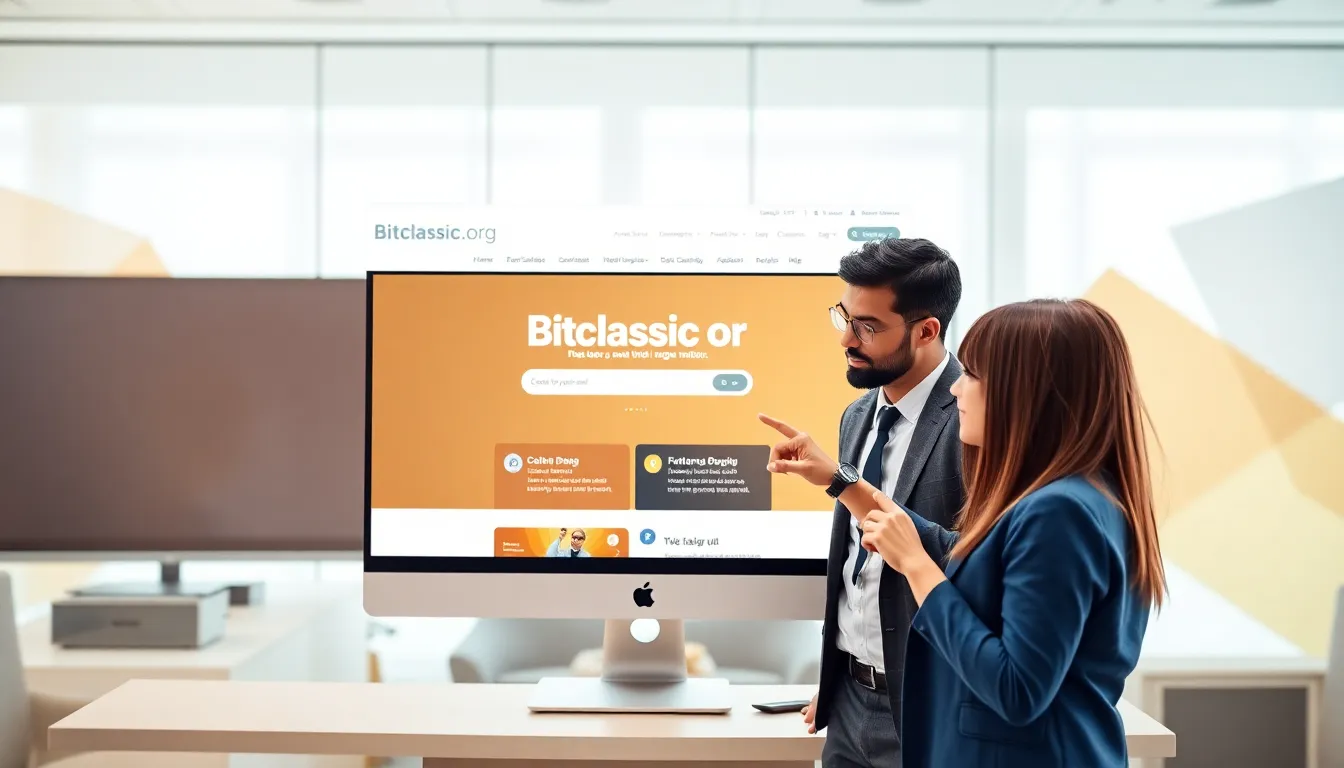 diverse team discussing Bitclassic.org in a modern office.