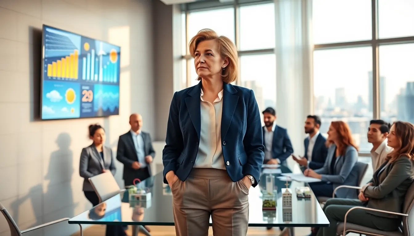 Peggy L. Carlton leading a diverse team in a modern office focused on renewable energy.