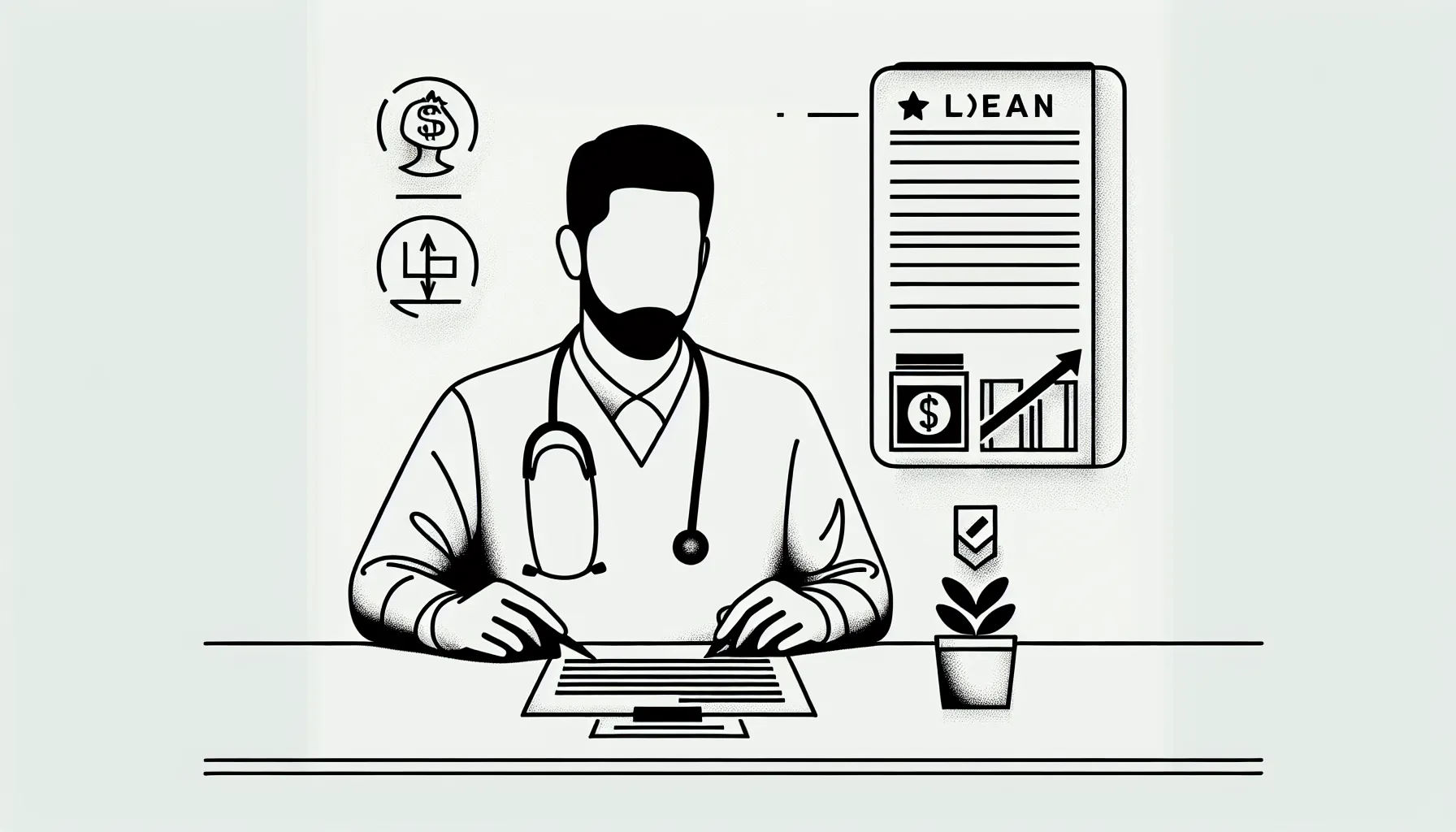 Veterinarian at desk reviewing a loan-help contract with payment icons of Veterinary Student Loan Help Options.